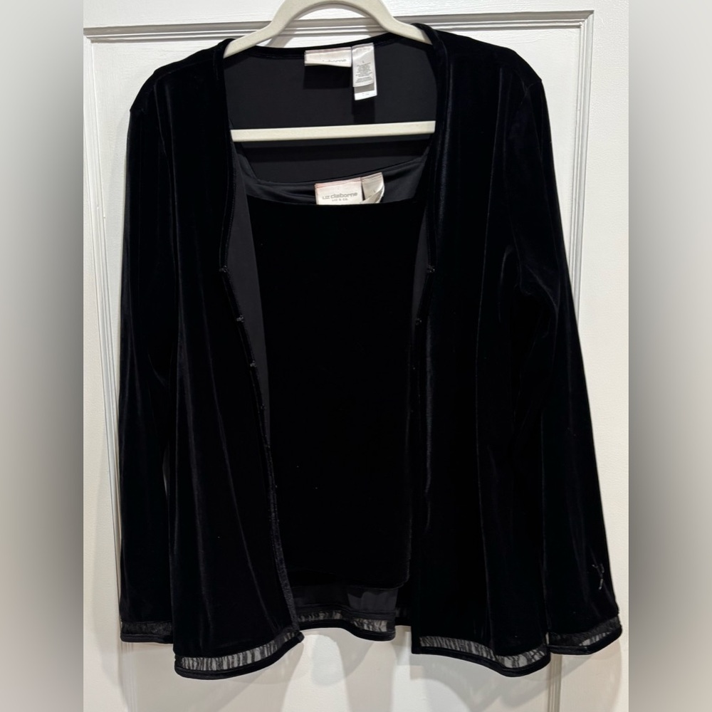 3 piece Liz Claiborne black velvet cardigan set and skirt
